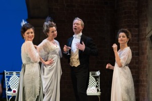 Frances McNamee as Maria, Michelle Terry as Rosaline, Jamie Newall as Boyet and Flora Spencer-Longhurst as Katherine in Love's Labour's Lost. Photo by Manuel Harlan